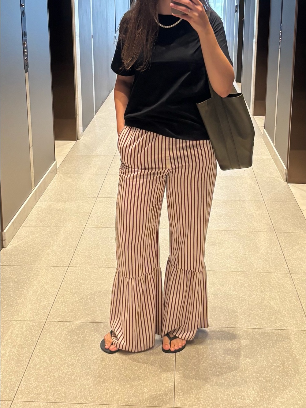 Striped Ruffle-Hem Wide Leg Pants